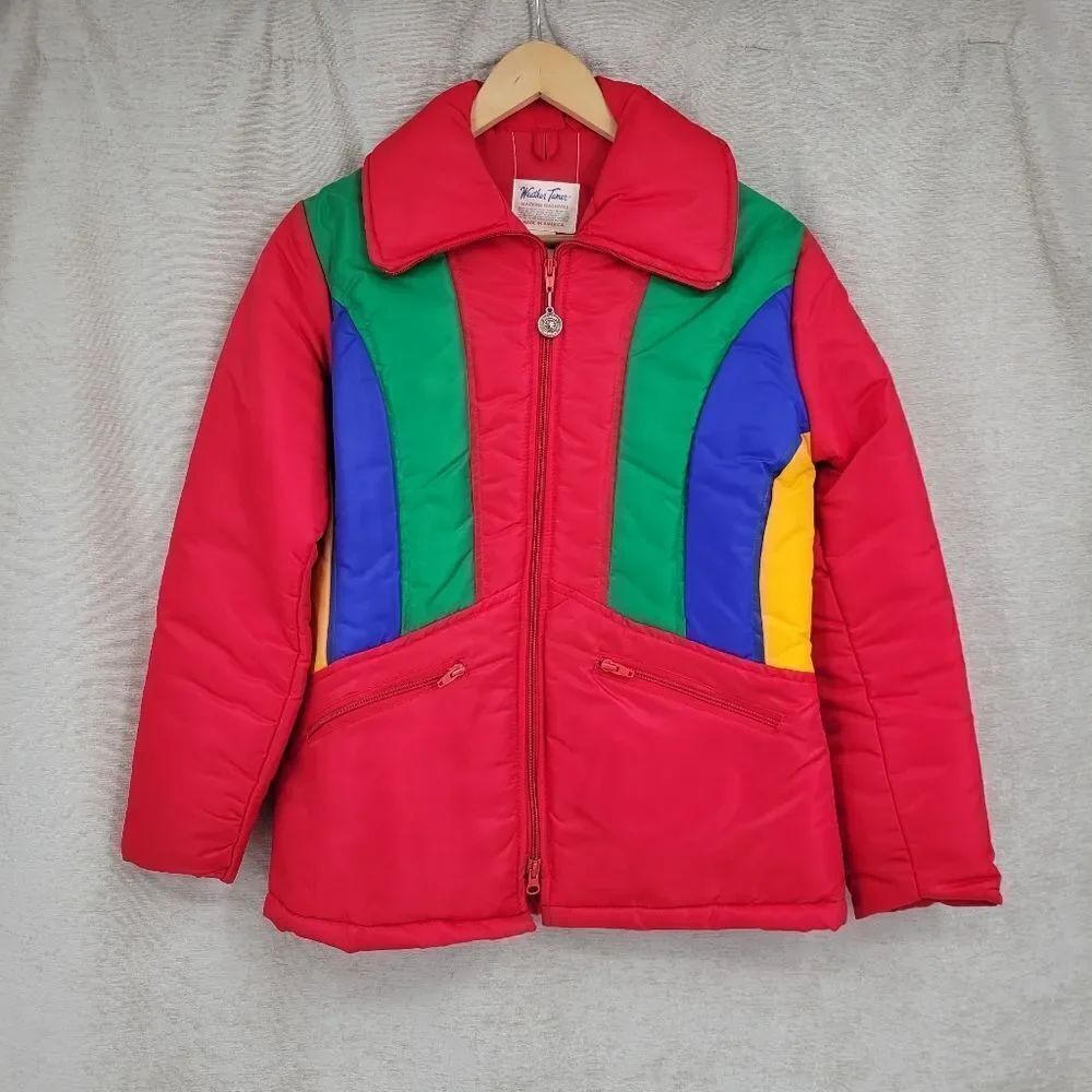 Weather Tamer 70s 80s Red Rainbow Stripe Puffer Ski Jacket Colorful Colorblock